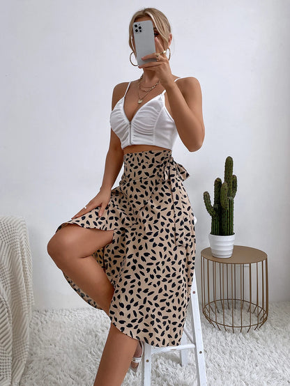 Boho Women Casual Print Tie Side Wrap Skirt Elegant High Waist Female Summer Asymmetrical Knee Length A-Line Skirts
