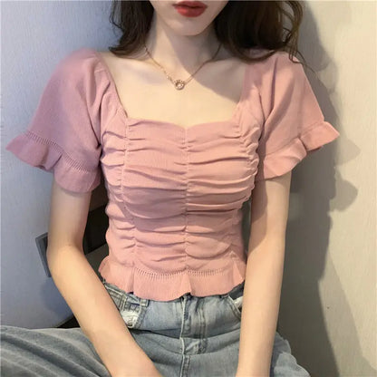 Knitted Fashion Blouse Woman Ruffle Youth Elegant Blouse Summer Crop Top Sexy Slim Fit Shirt Short Sleeve