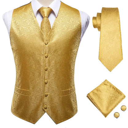 Luxury Gold Black Mens Vests Print Jacquard Waistcoat Tie Hanky Cufflinks Brooch Set for Men Wedding Formal Business Hi-Tie