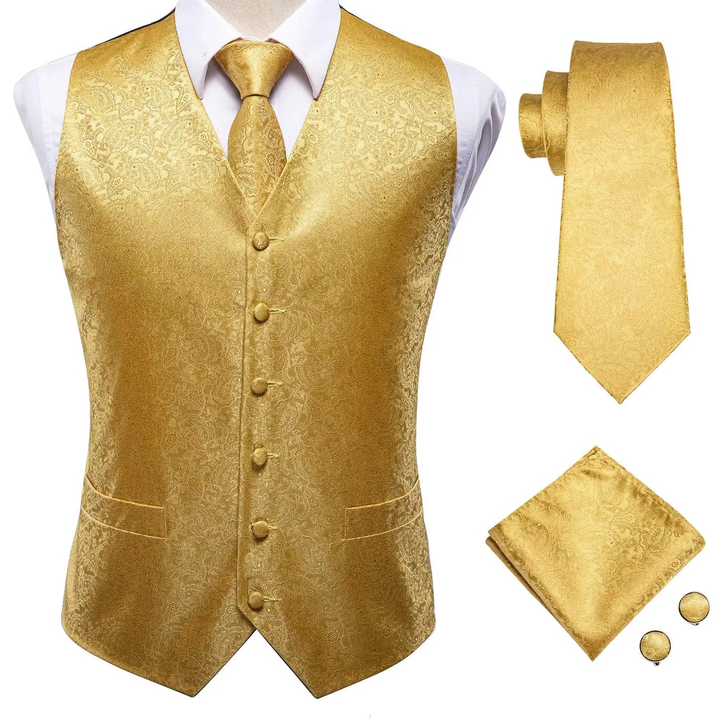 Luxury Mens Vests Black Gold Floral Jacquard Waistcoat Tie Hanky Cufflinks Brooch Set for Men Suit Wedding Office XL
