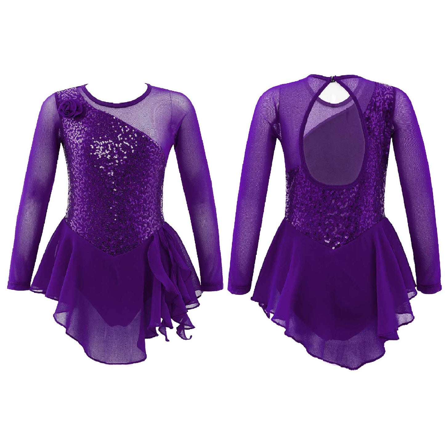 Girls Figure Ice Skating Dress Sparkly Sequin Gymnastics Dance Ballet Tutu Leotard Kids Long Sleeve Mesh Splice Dance Costume