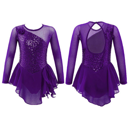 Girls Figure Ice Skating Dress Sparkly Sequin Gymnastics Dance Ballet Tutu Leotard Kids Long Sleeve Mesh Splice Dance Costume