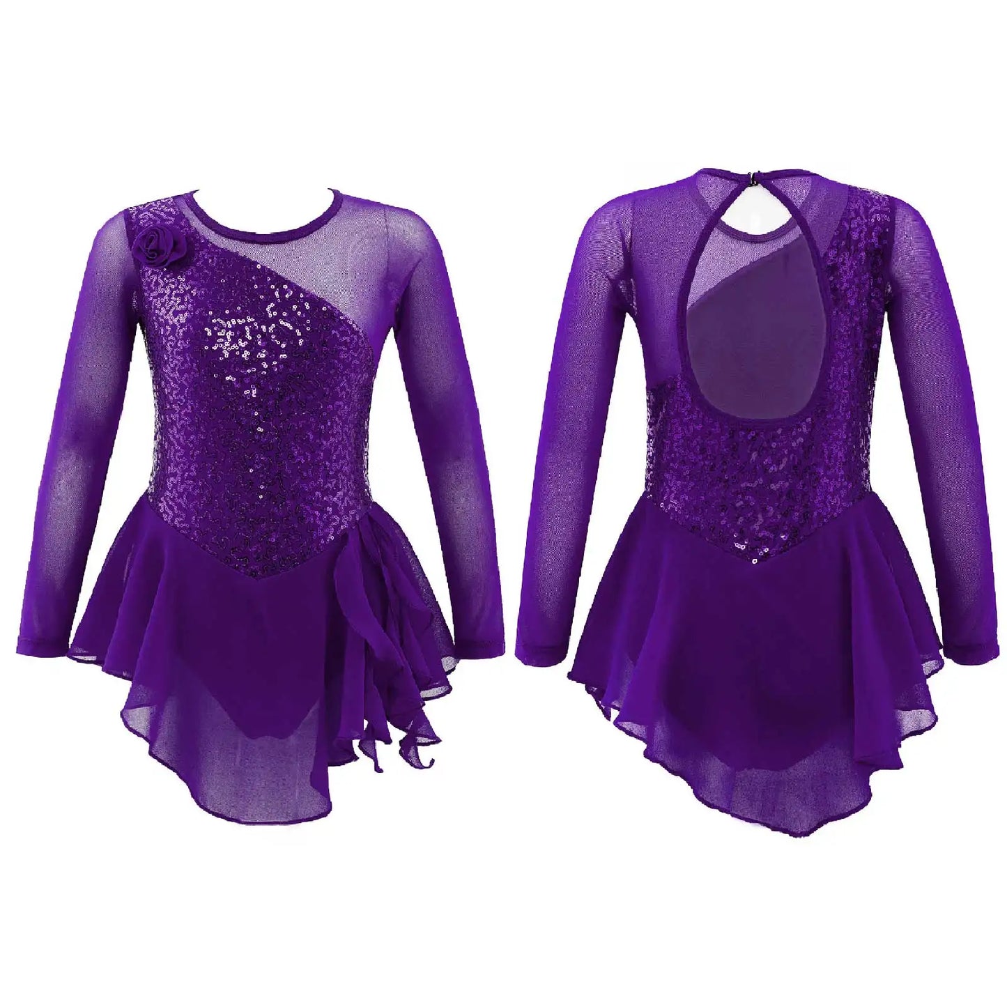 Girls Figure Ice Skating Dress Sparkly Sequin Gymnastics Dance Ballet Tutu Leotard Kids Long Sleeve Mesh Splice Dance Costume