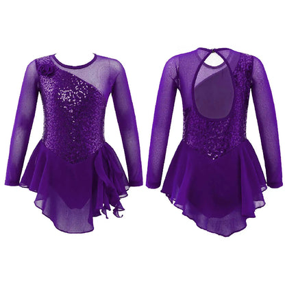 Girls Figure Ice Skating Dress Sparkly Sequin Gymnastics Dance Ballet Tutu Leotard Kids Long Sleeve Mesh Splice Dance Costume