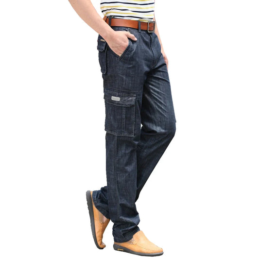 Mens Jeans Cargo Denim Pants Regular Loose Fit Multi Pockets Classic Washed Military Wear Big Size 38 40 42 V7A1J012