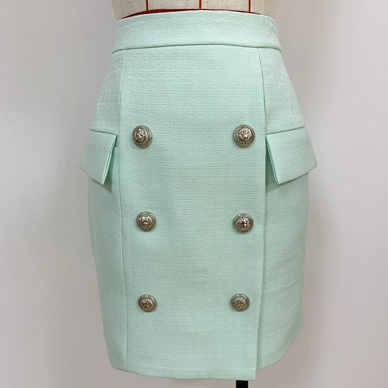 HIGH STREET 2026 Classic Baroque Designer Jacket Women's Metal Lion Buttons Double Breasted Textured Blazer Mint Green
