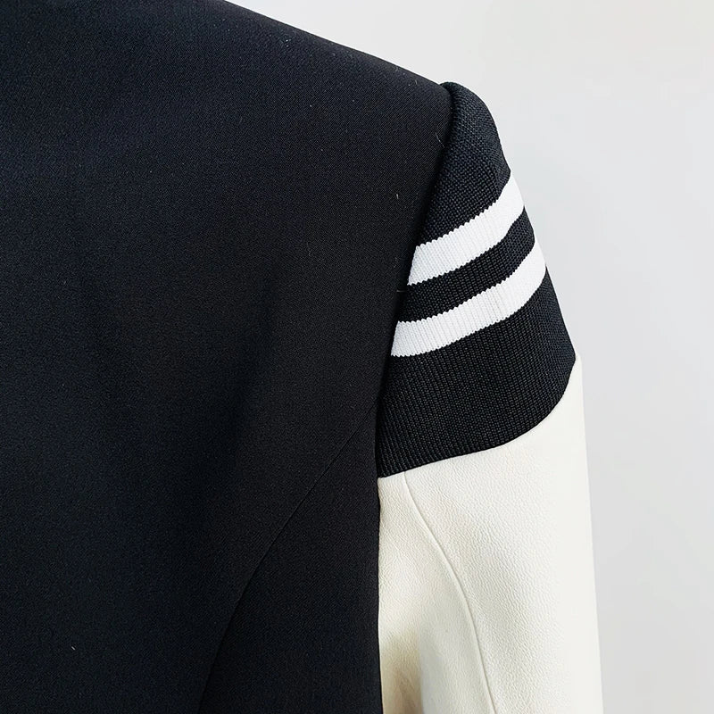 HIGH STREET New Fashion 2026 Classic Varsity Jacket Women's Lion Buttons Double Breasted Leather Sleeve Patchwork Blazer