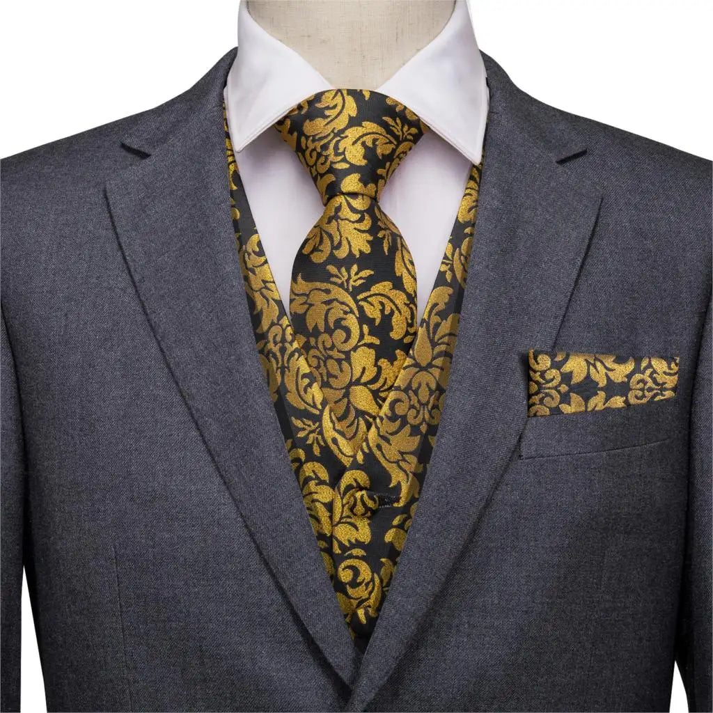 Vest for Men Gold Suit Vest Floral Waistcoat Summer Vest Tuxedo Paisley Tie Set Cufflinks for Wedding Business Hi-Tie WJ-0008