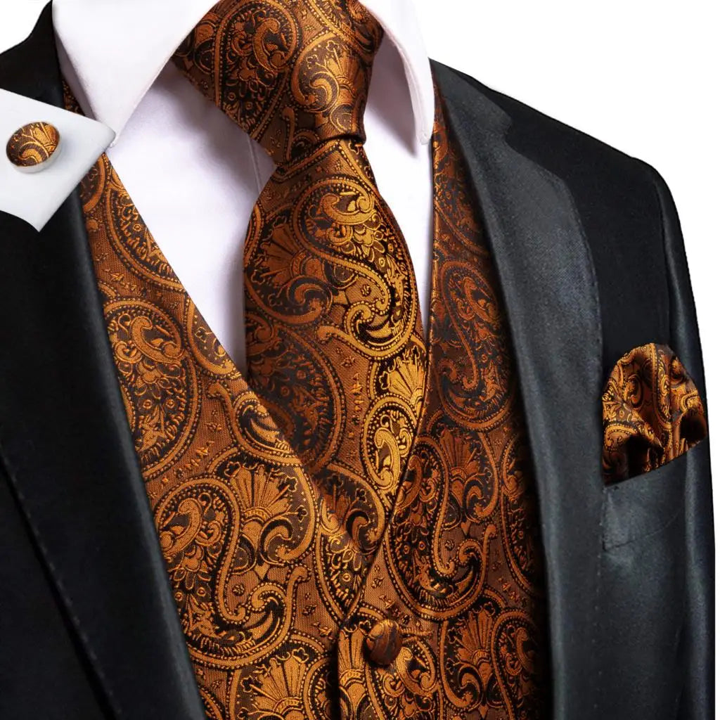 Luxury Gold Black Mens Vests Print Jacquard Waistcoat Tie Hanky Cufflinks Brooch Set for Men Wedding Formal Business Hi-Tie