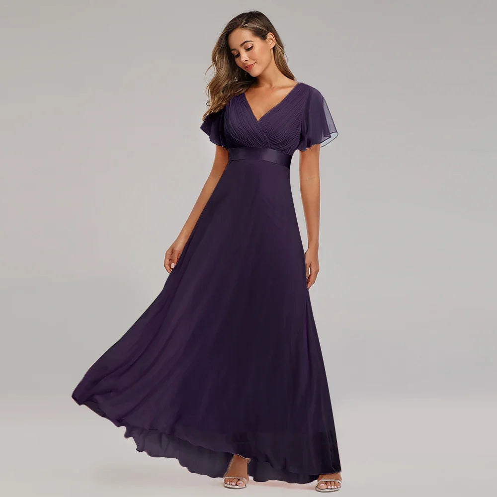 Evening Dresses Elegant V-Neck Ruffles Chiffon Formal Evening Gown  Robe Vestidos De Fiesta Dress for Wedding Party