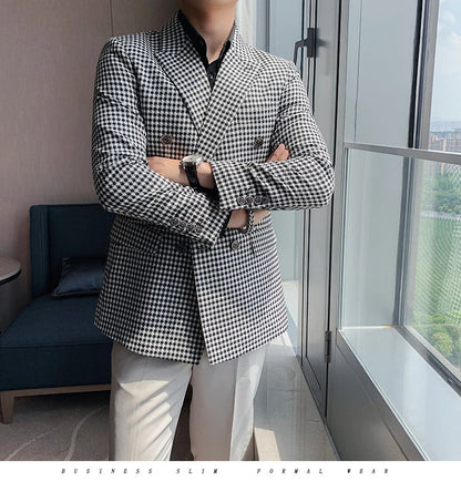 British Style Slim Fit Houndstooth Blazer For Men 2023 Fashion Double Breasted Business Office Wedding Dress Suit Jacket