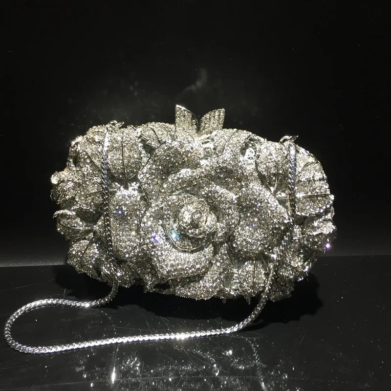 Green Pink Multicolored Rose Crystal Women Evening Clutches Bags Diamond Wedding Cocktail Party Purse And Stone Handbag