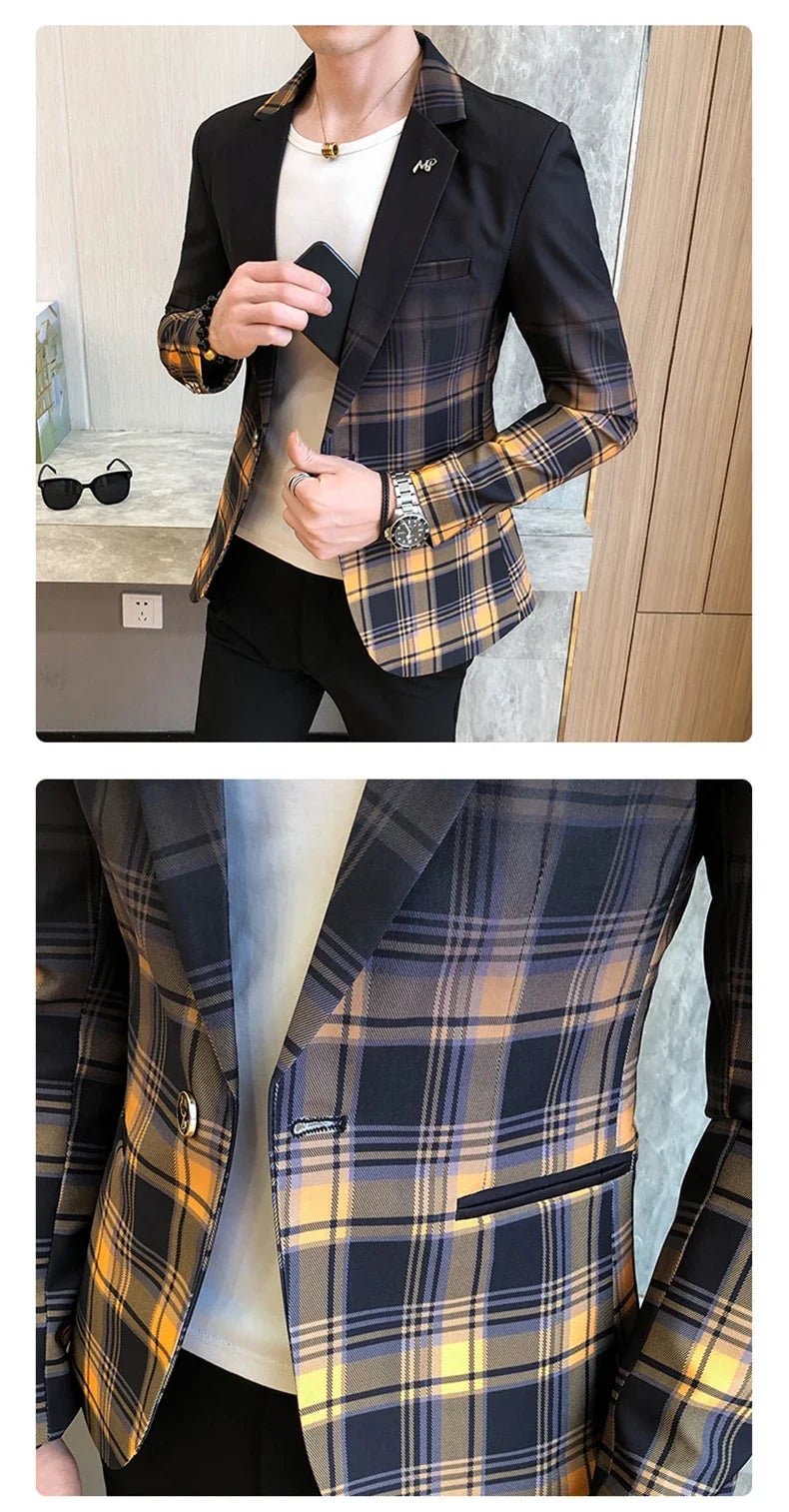 2022 Spring New Colorblock Plaid Blazer Men Slim Casual Man Blazers Wedding Business Party Clothing Dress Coat Blazer M-3XL