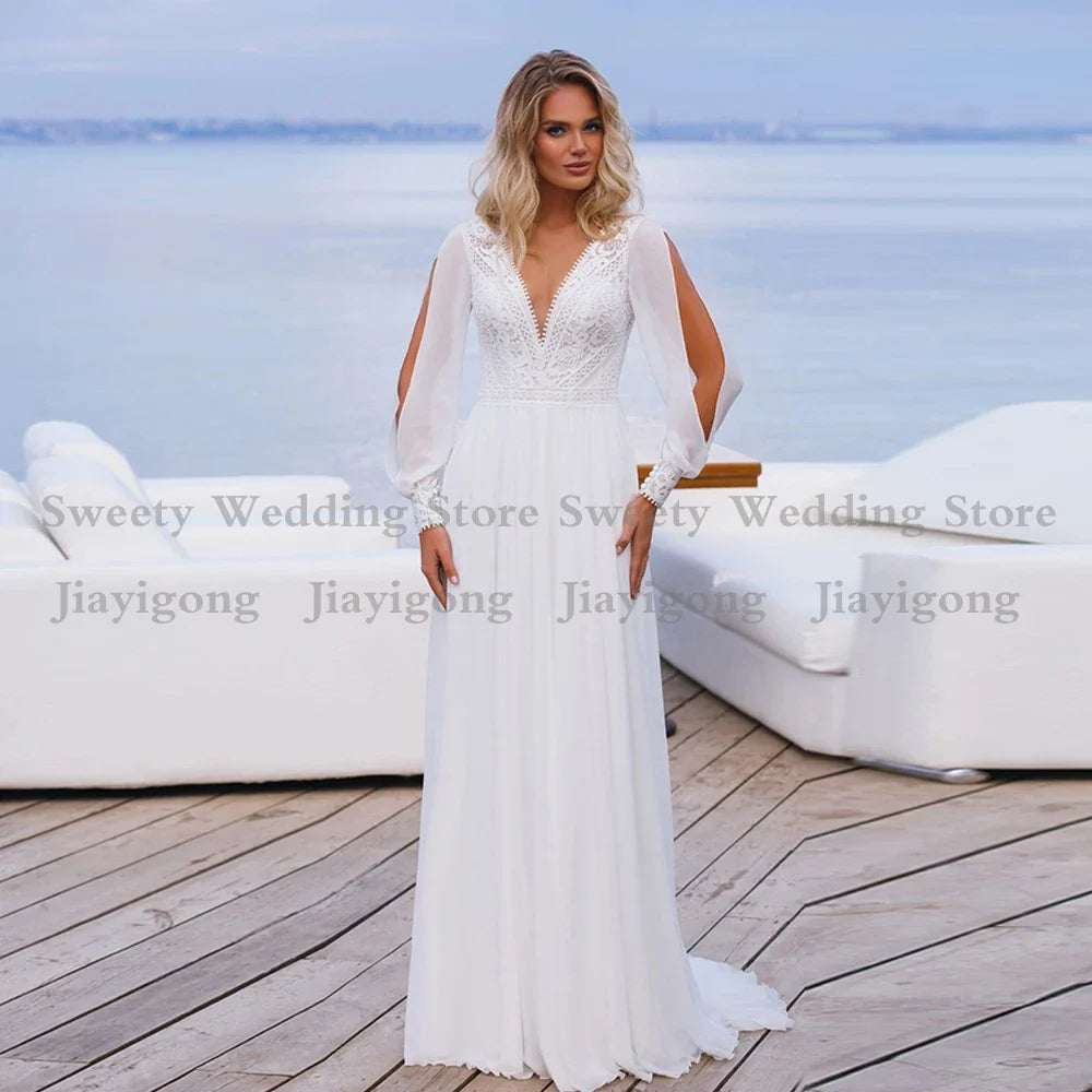 Charming Beach Wedding Dress Long Sleeves Cut V Neck Lace Chiffon Bridal Dresses Open Back Plus Size Bride Gown