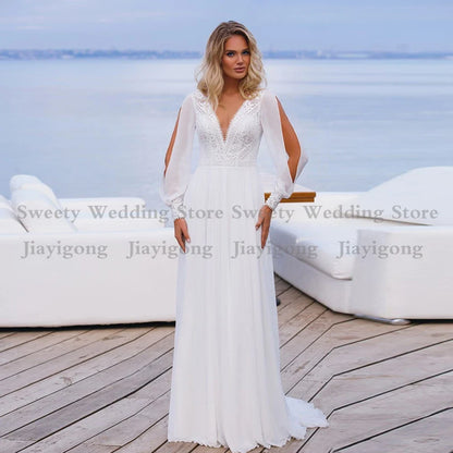 Charming Beach Wedding Dress Long Sleeves Cut V Neck Lace Chiffon Bridal Dresses Open Back Plus Size Bride Gown