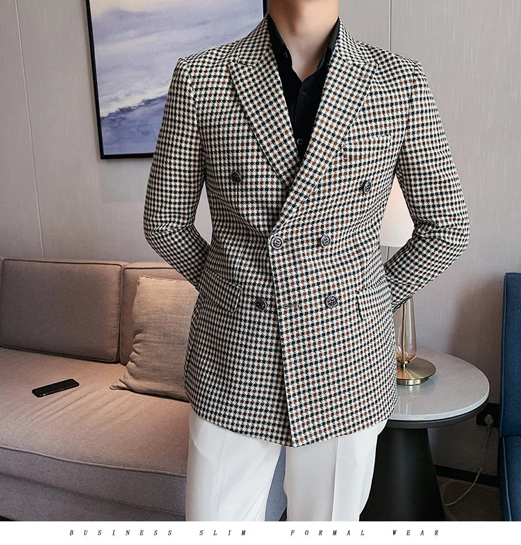 British Style Slim Fit Houndstooth Blazer For Men 2023 Fashion Double Breasted Business Office Wedding Dress Suit Jacket