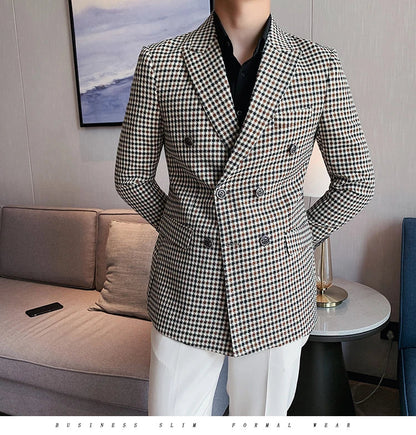 British Style Slim Fit Houndstooth Blazer For Men 2023 Fashion Double Breasted Business Office Wedding Dress Suit Jacket