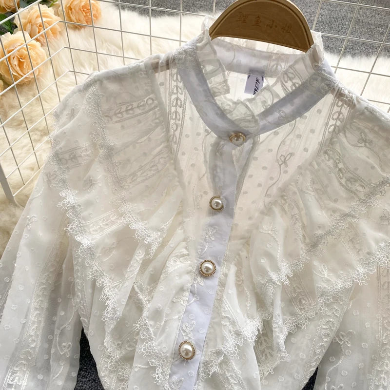Elegant French Blouse Women Temperament Sweet Ruffles Loose Casual Tops Spring Long Sleeve Streetwear White Shirts
