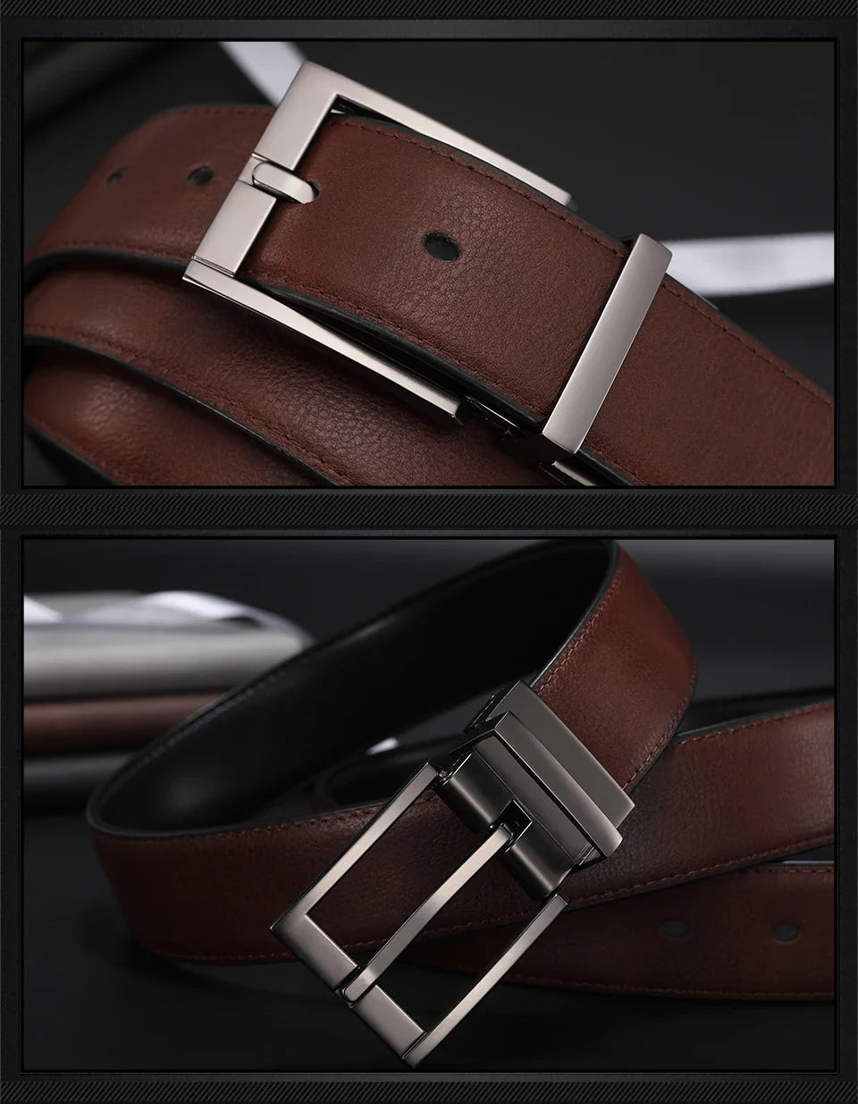 Business Dress Belts for Men Genuine Leather Belt Reversible Buckle Brown and Black Belt HQ110