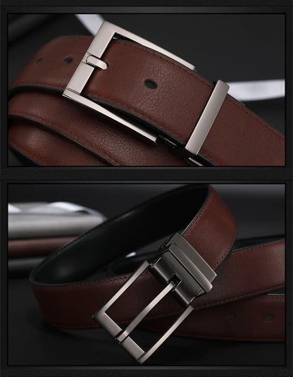 Business Dress Belts for Men Genuine Leather Belt Reversible Buckle Brown and Black Belt HQ110