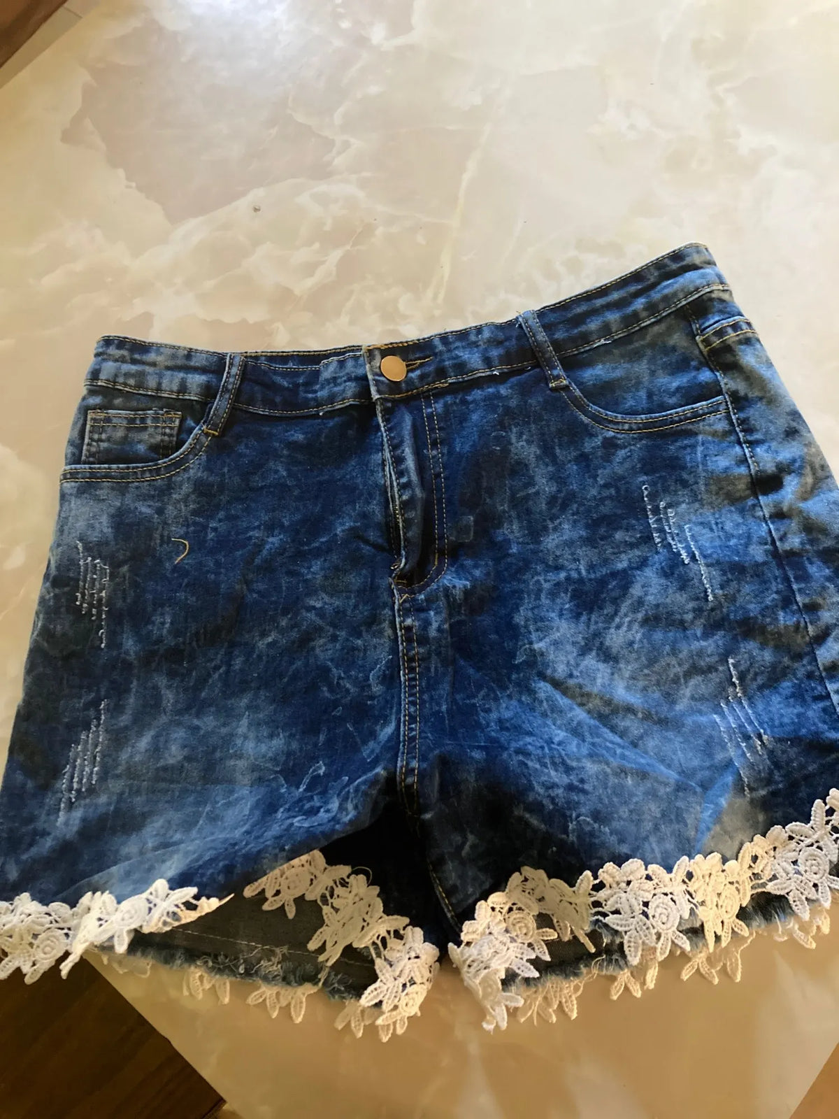 Women Slim Denim Shorts Stretch Lace Stitching Jeans Shorts Ladies Casual Regular Short