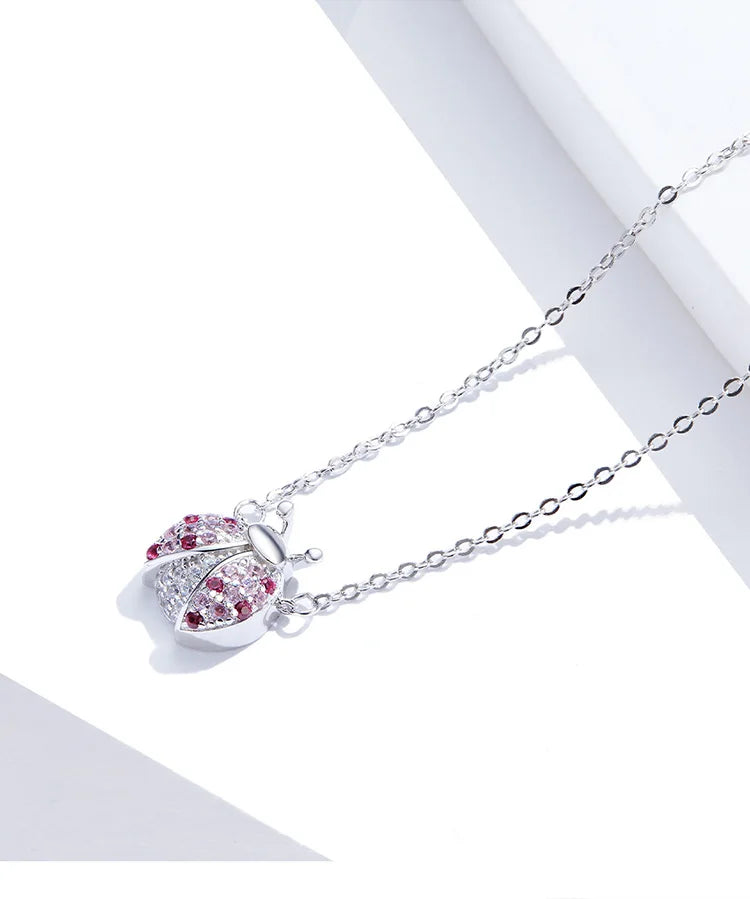 Genuine 925 Sterling Silver Pink CZ Ladybug Insect Chain Pendant Necklace for Women 45cm Kid Gifts Fine Jewelry SCN400
