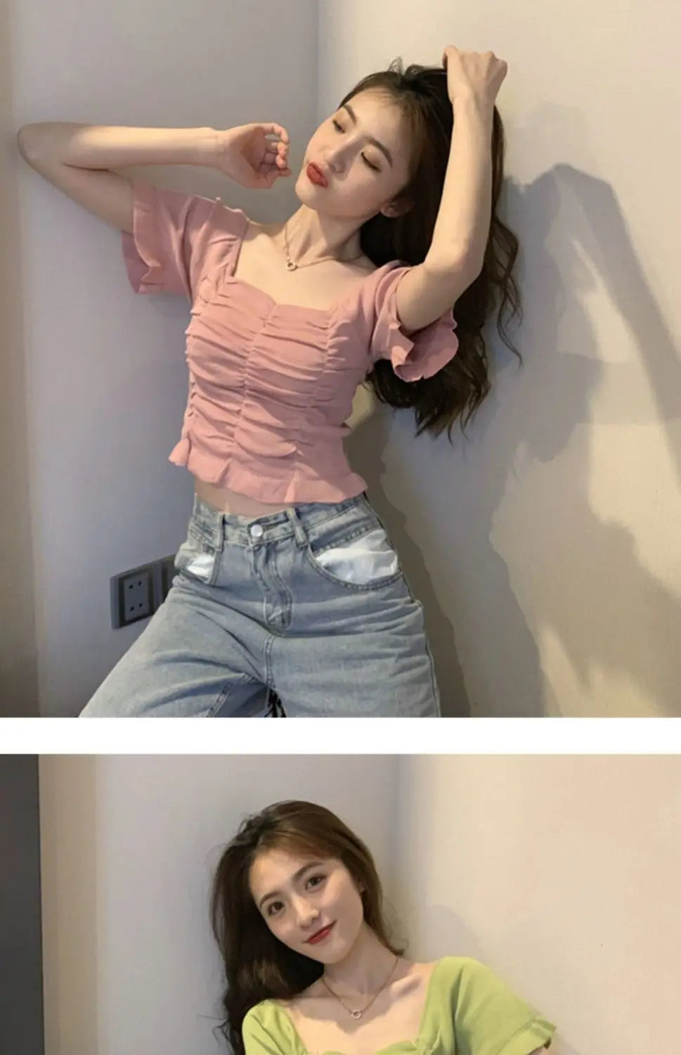 Knitted Fashion Blouse Woman Ruffle Youth Elegant Blouse Summer Crop Top Sexy Slim Fit Shirt Short Sleeve