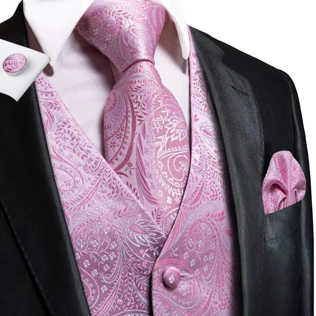 Silk Mens Vests Sleeveless Waist Jacket Jacquard Black Orange Floral Waistcoat Tie Hanky Cufflinks Set for Men Casual XXL