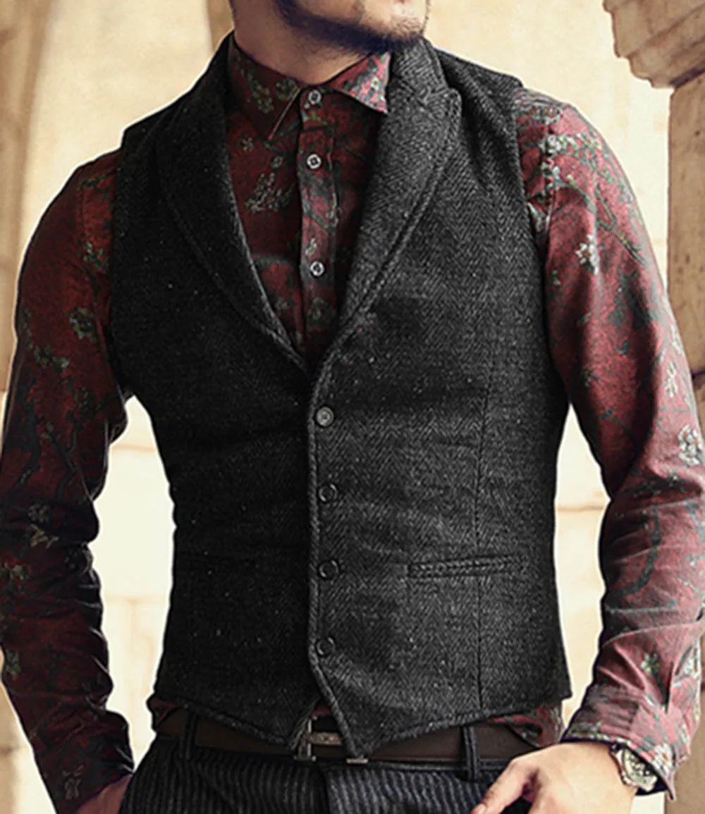 Men's Classic Suit Vest Herringbone Pattern Business Waistcoat Notch Lapel Wool Tweed Groomsmen Waistcoat For Wedding