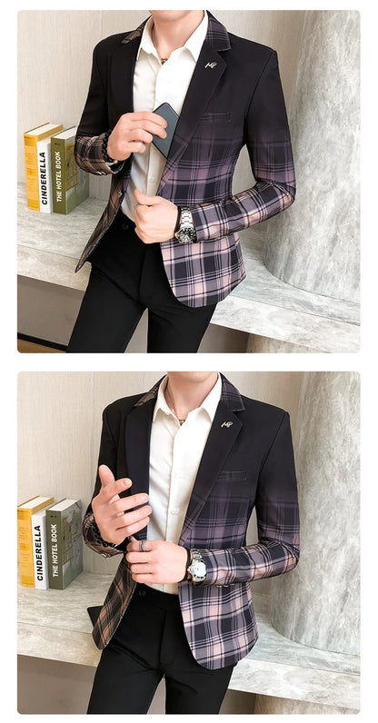 2022 Spring New Colorblock Plaid Blazer Men Slim Casual Man Blazers Wedding Business Party Clothing Dress Coat Blazer M-3XL