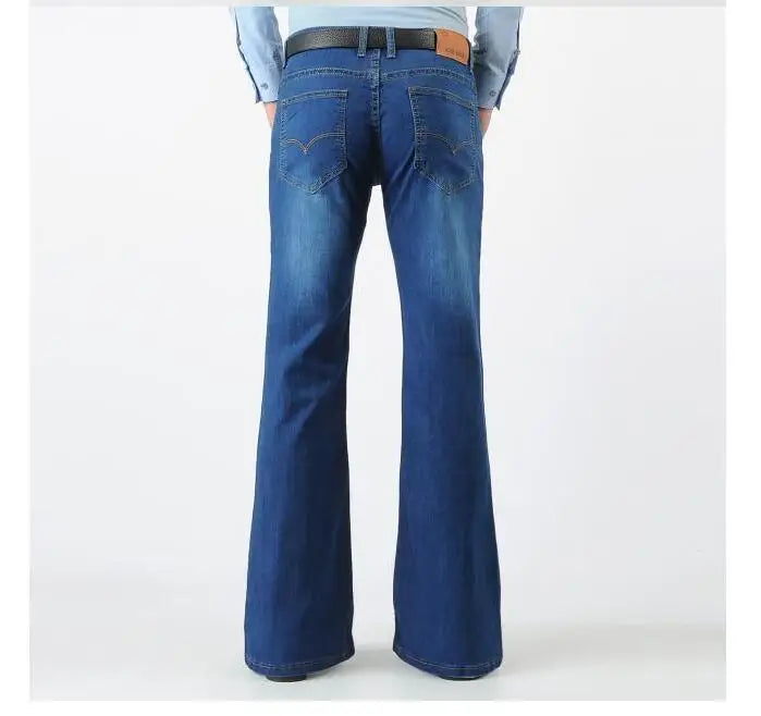 Spring Men Jeans Vintage Flare Long Denim Pants Blue Trouser 80s Slim