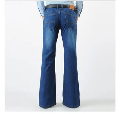 Spring Men Jeans Vintage Flare Long Denim Pants Blue Trouser 80s Slim