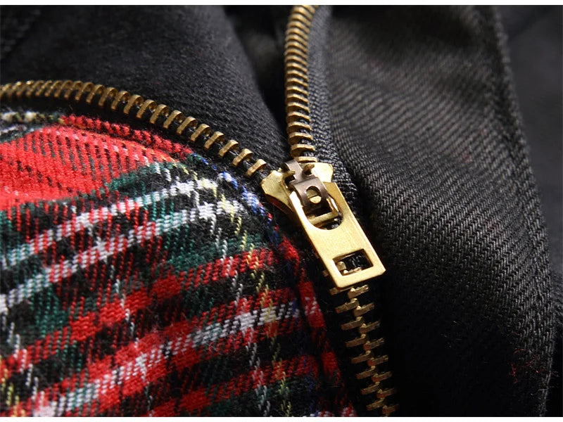 Men Punk Jeans Trendy Scotland Plaid Tartan Black Denim Pants Streetwear Rivet Patchwork Spliced Slim Straight Trousers