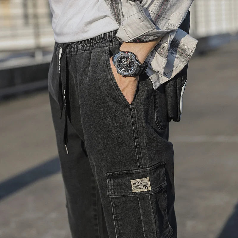 Men's Jogger Jeans Washed Cotton Slight Stretch Multi-Pockets Denim Cargo Pants Asian Size L-6XL