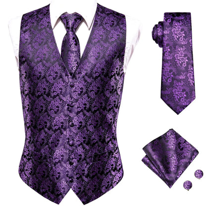 Navy Blue Mens Silk Vests Business Paisley V-Necl Waistcoat Tie Hanky Cufflinks Brooch Set for Men Suit Wedding Formal Hi-Tie