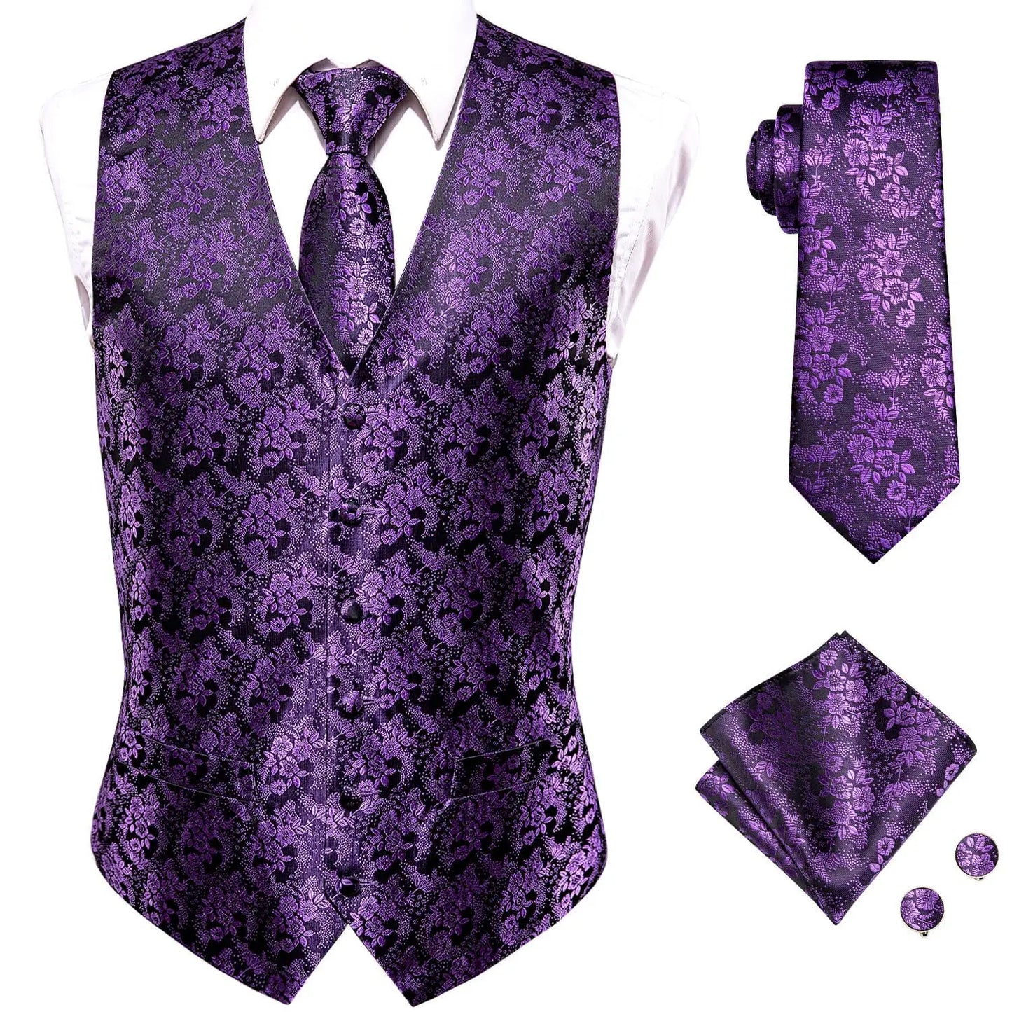Luxury Gold Black Mens Vests Print Jacquard Waistcoat Tie Hanky Cufflinks Brooch Set for Men Wedding Formal Business Hi-Tie