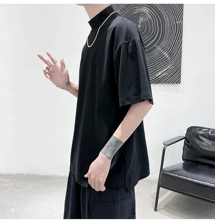 Streetwear Turtleneck Men Tshirt Solid Hip Hop Male Oversized T Shirts Man Casual Short Sleeve Top Tees Black/White/Purple