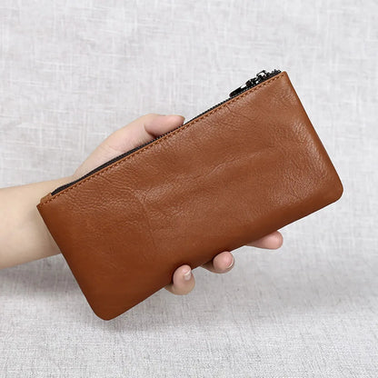 Men's Genuine Leather Long Zipper Wallet First Layer Cowhide Youth Ultra-Thin Handbag Wallet Trendy Brand Simple Wallet