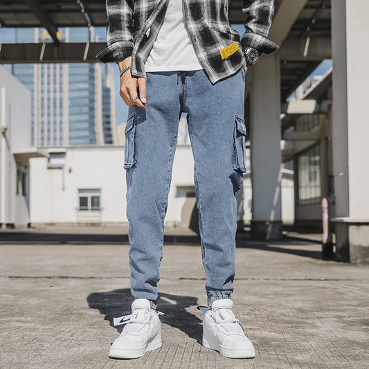 Men's Jogger Jeans Washed Cotton Slight Stretch Multi-Pockets Denim Cargo Pants Asian Size L-6XL