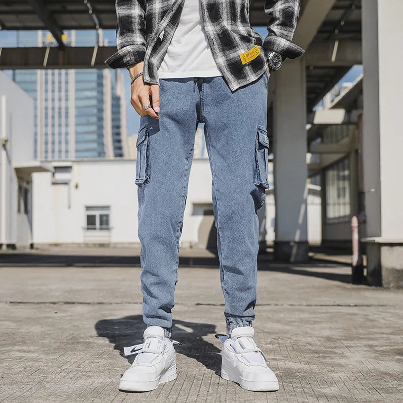 Men's Jogger Jeans Washed Cotton Slight Stretch Multi-Pockets Denim Cargo Pants Asian Size L-6XL
