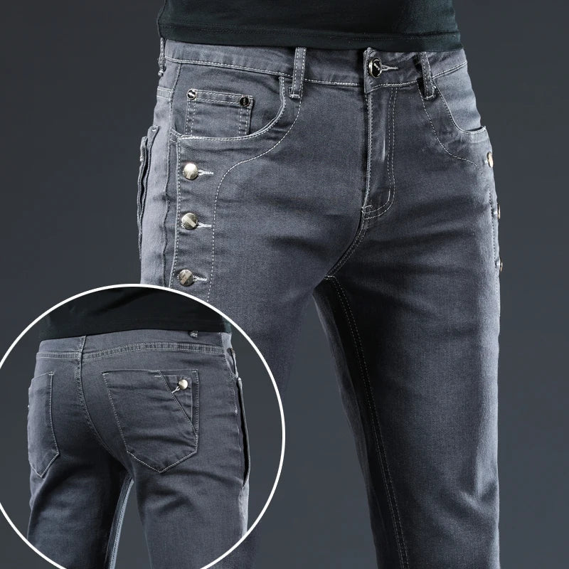 New Men Slim Button Black Skinny Jeans Solid Color Stretch Skateboard Multi-button Youth Male Denim Pants