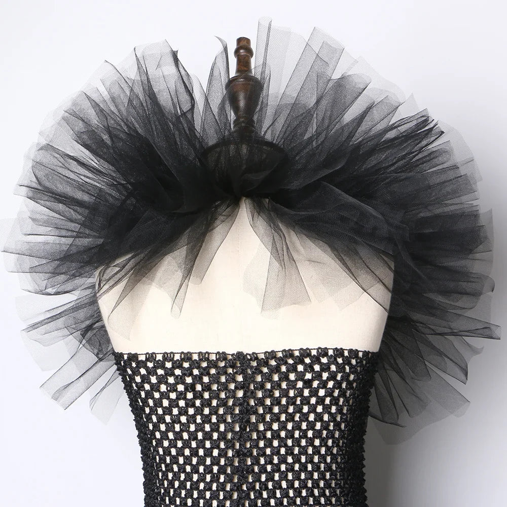 Girls Black Evil Queen Maleficent Tutu Dress Horns Wings Dark Witch Cosplay Carnival Halloween Costume for Kids Fancy Clothes