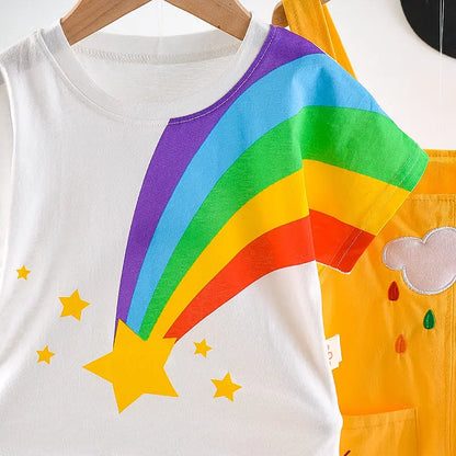 Summer Baby Boys Girls Clothes Infant Cotton Rainbow T Shirt Bib Pants 2pcs/Set Kids Garment Children Casual Sport Suit 0-4 Year