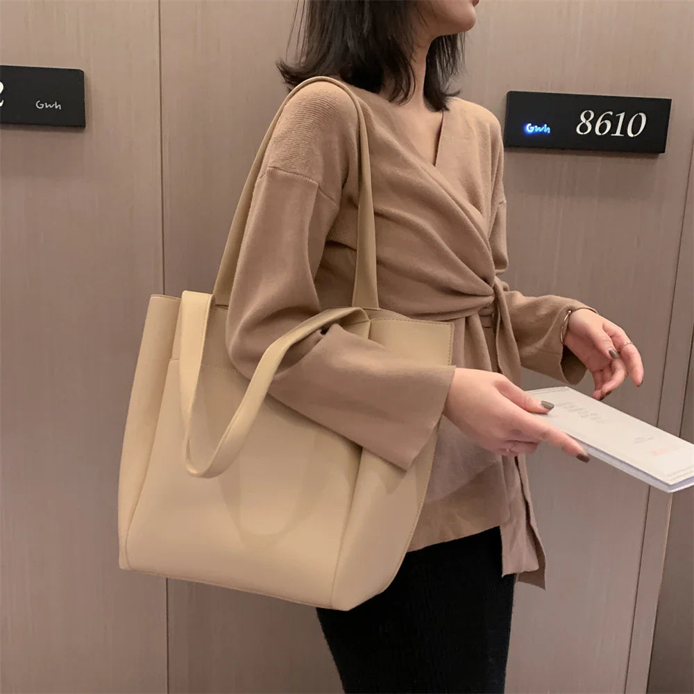 High Quality Soft Leather Woman Casual Tote Shopper Solid Color Handbags Large Capacity Single Shoulder Bag with Outer Pocket