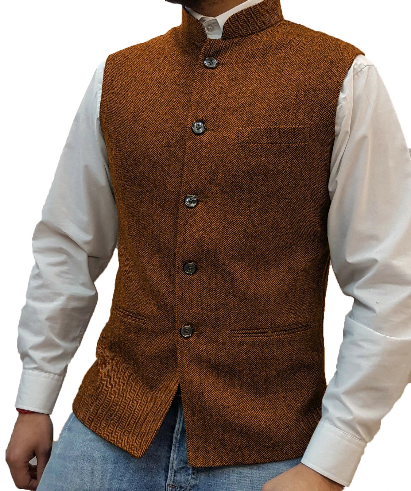 Men's Suit Vest Elegant Sleeveless Stand Collar Business Button Slim Fit Herringbone Waistcoat For Wedding