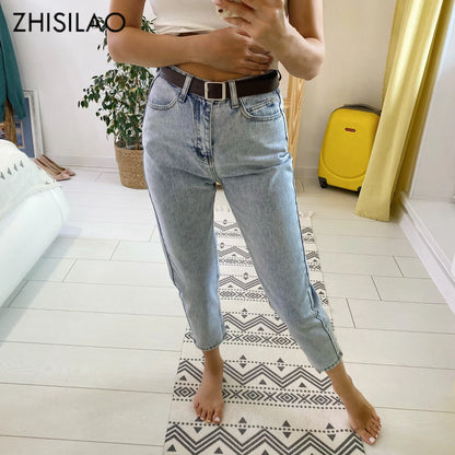 Straight Jeans Women with Belt Vintage Basic Blue Ankle-length Denim Pants Boyfriend Gray Jeans Korean 2021