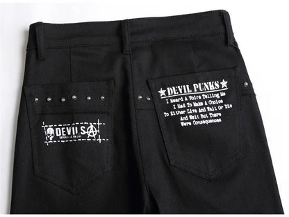 Men's Scotland Red Plaid Tartan Patchwork Jeans Punk Rivet Patch Black Denim Pants Skull Letters Printed Slim Straight Trousers
