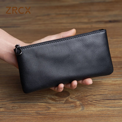 Men's Genuine Leather Long Zipper Wallet First Layer Cowhide Youth Ultra-Thin Handbag Wallet Trendy Brand Simple Wallet