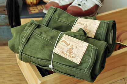 Men Jeans Vulcanization Olive Green 107 Selvedge Denim Jeans Men Washed Slim Fit 14 Oz Zipper Fly