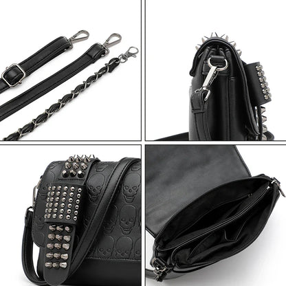 Women Black Leather Messenger Bags Single Skull Rivet Shoulder Bags Sac A Main Bolsa Black Vintage Sexy Bag Lady Drop